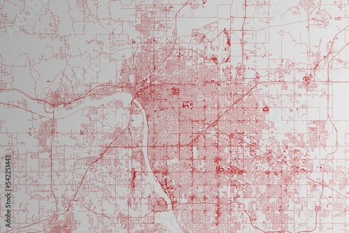 Map of the streets of Tulsa (Oklahoma, USA) made with red lines on white paper. 3d render, illustration