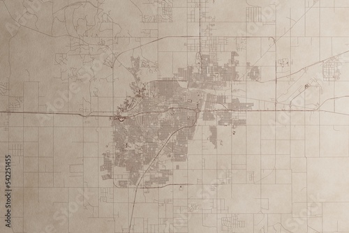 Map of Amarillo (Texas, USA) on an old vintage sheet of paper. Retro style grunge paper with light coming from right. 3d render