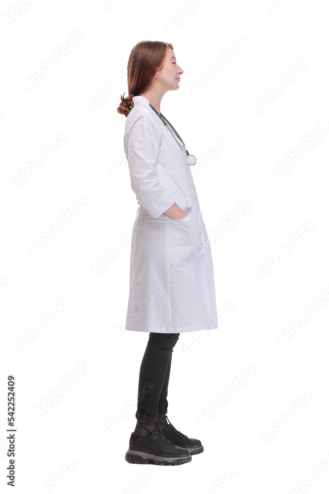 Beautiful young doctor woman wearing white coat over isolated background looking to camera