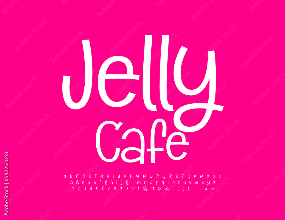 Vector artistic emblem Jelly Cafe with white slim Font. Funny Handwritten Alphabet Letters and Numbers set