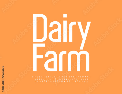 Vector modern banner Dairy Farm. White Slim Font. Artistic Alphabet Letters and Numbers set