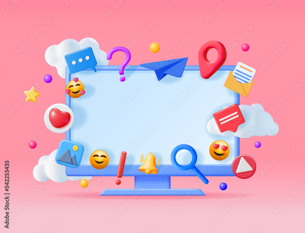 3D Social Media Concept Isolated. Render Computer with Colorful Social Network Icon. Chat Bubble, Like Button, Exclamation Question Mark, Notification Bell. Online Communication. Vector Illustration