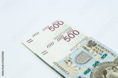 500 zloty - Polish banknote. Polish currency on a white background arranged in a pattern. Illustrates cash flow and business 