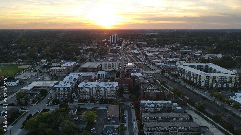 downtown aerial    drone shot of   Wheaton sunset  