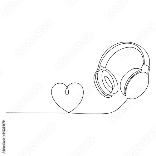 One line vector illustration. Minimalist headphones with a wire. Love music.