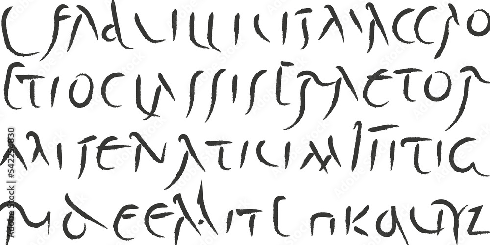 Roman font. Handwriting elements of the 3rd century. An old handwritten manuscript. Unreadable text.
