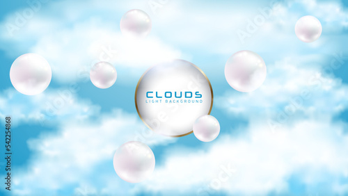 White clouds blue sky vector background with pearl spheres, golden round frame and white cut center. Cloud scene, product or logo geometric shape display. Abstract delicate heaven background