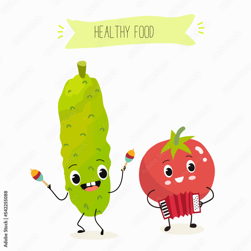 Obraz premium Vector illustration of funny cartoon character tomato and cucumber playing musical instruments, healthy food, kitchen, ingredients, kids t-shirt design.