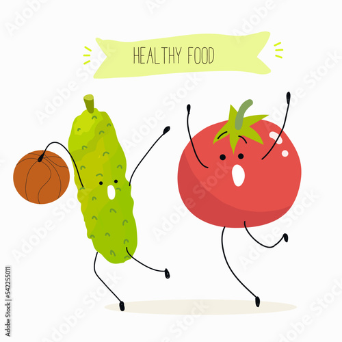 Vector illustration of funny cartoon character of tomato and cucumber, basketball game, healthy food, ingredients, kids t-shirt design.