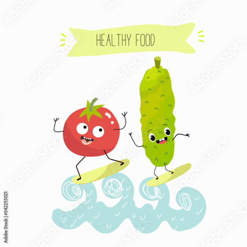 Vector illustration of funny cartoon character cucumber and tomato surf, healthy food, ingredients, kids t-shirt design.