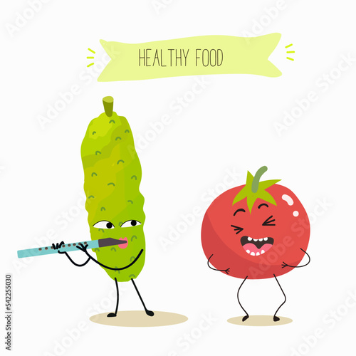 Vector illustration of funny tomato and cucumber cartoon character, playing flute, healthy food, ingredients, kids t-shirt design.