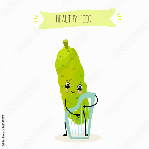 Vector illustration of funny cartoon character cucumber playing harp, healthy food, ingredients, kids t-shirt design.