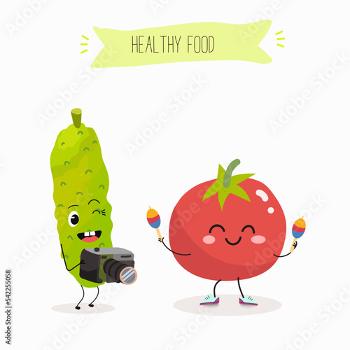 Vector illustration of funny cartoon character tomato and cucumber have fun, play maracas, shoot, take pictures on camera, healthy food, kitchen, ingredients, kids t-shirt design.
