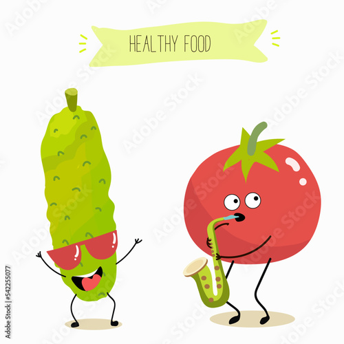 Vector illustration of funny cartoon character tomato and cucumber have fun, play saxophone, healthy food, kitchen, ingredients, kids t-shirt design.