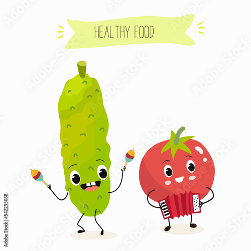 Vector illustration of funny cartoon character tomato and cucumber playing musical instruments, healthy food, kitchen, ingredients, kids t-shirt design.