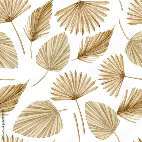 Watercolor seamless Pattern with Dry Palm Leaves in boho style. Hand drawn Tropical background for textile design or wallpaper. Golden print on a transparent