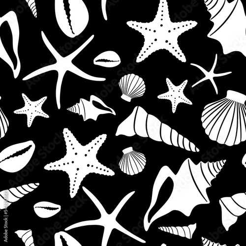 Boho seamless pattern with white monochrome conch shells and sea stars on black background.