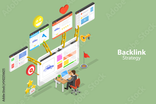 3D Isometric Flat Vector Conceptual Illustration of Backlink Strategy, Online Link Building
