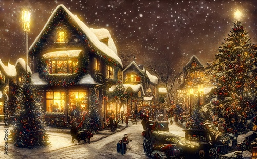 Winter snowy small cozy street with lights in houses, falling snow town night landscape. Winter holidays night time backdrop. Merry Christmas vintage retro painting background. © stockcrafter