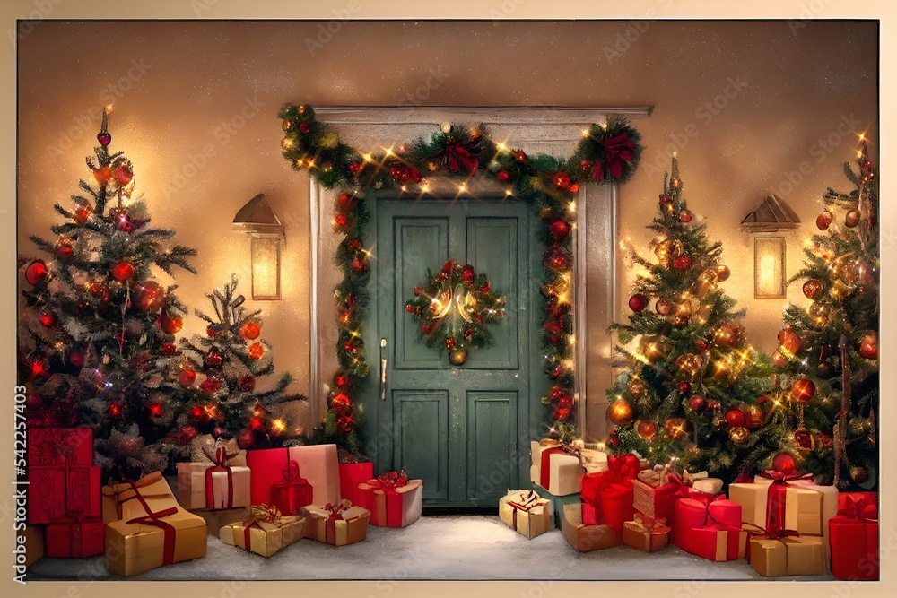 Front door of the house decorated with Christmas reeds and colorful lights. Gifts under the Xmas trees. Cosy Christmas atmosphere, lots of snow. Digital painting art. Front door of the house decorated with Christmas reeds and colorful lights. Gifts under the Xmas trees. Cosy Christmas atmosphere, lots of snow. Digital painting art.