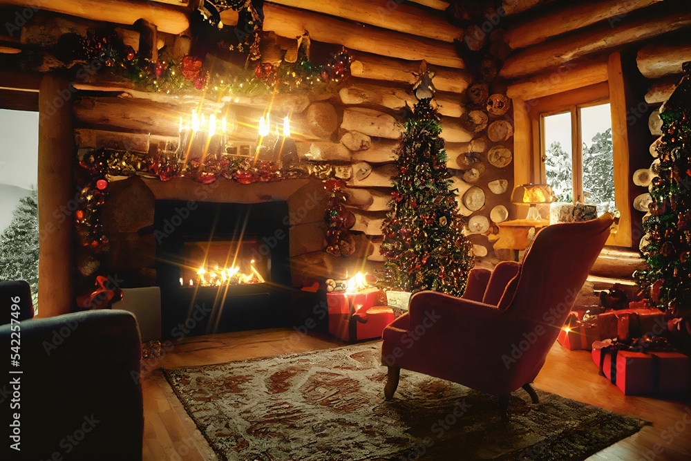 Fototapeta premium Classic log cabin interior with christmas tree, fireplace, lounge armchair, woden roof and walls, wood floor. Digital painting illustration mock up. Xmas cosy scene. Atmospheric warm interior