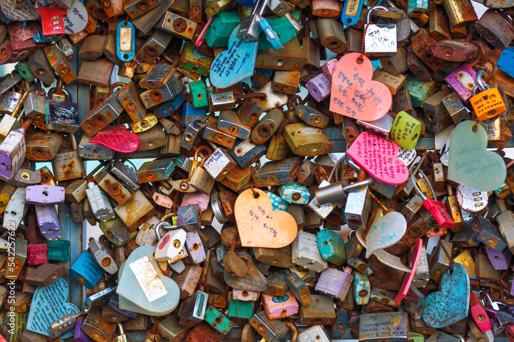 NAMSAN, SEOUL, SOUTH KOREA - OCTOBER 2011: close-up of locks symbolizing eternal love