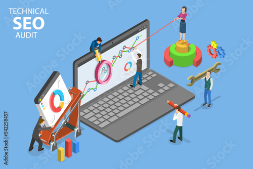 3D Isometric Flat Vector Conceptual Illustration of SEO Audit, Technical Report
