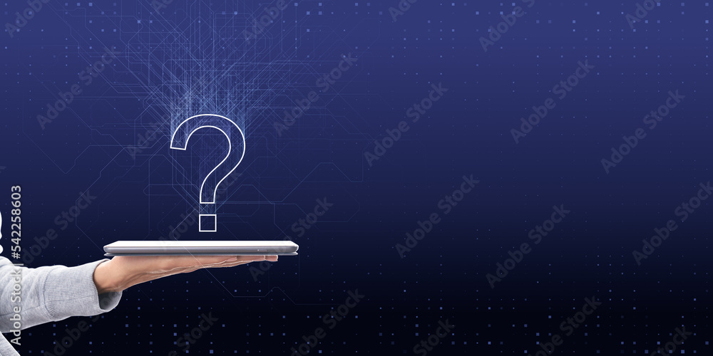 Close up of businessman hand holding smartphone with abstract digital question mark on blue background with mock up place for your advertisement. Support and help concept. Close up of businessman hand holding smartphone with abstract digital question mark on blue background with mock up place for your advertisement. Support and help concept.