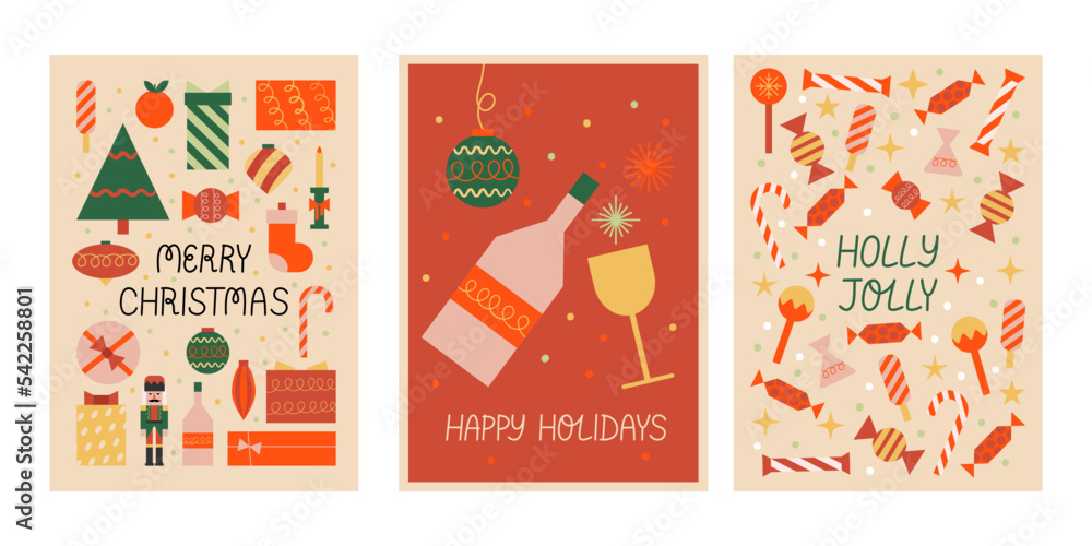 Naklejka premium Set of holiday greeting cards with christmas ornaments, sweets, tree, champagne, glass and gift boxes. Vector flat illustration. Holly jolly and happy holidays lettering quotes