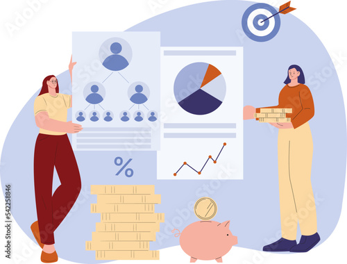 Financial pyramid, dangerous investments and wealth promises. Digital marketing, modern young female coaching of invest. Business vector characters with money and diagram