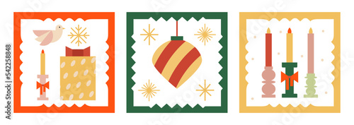 Set of square christmas greeting cards with various holiday objects. Christmas ornaments balls, snowflakes, gift boxes, candles and white bird. Vector flat illustration
