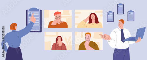 HR looking candidates. Business woman and man and applicants on video interview. People find job online, hiring new professionals, vector concept