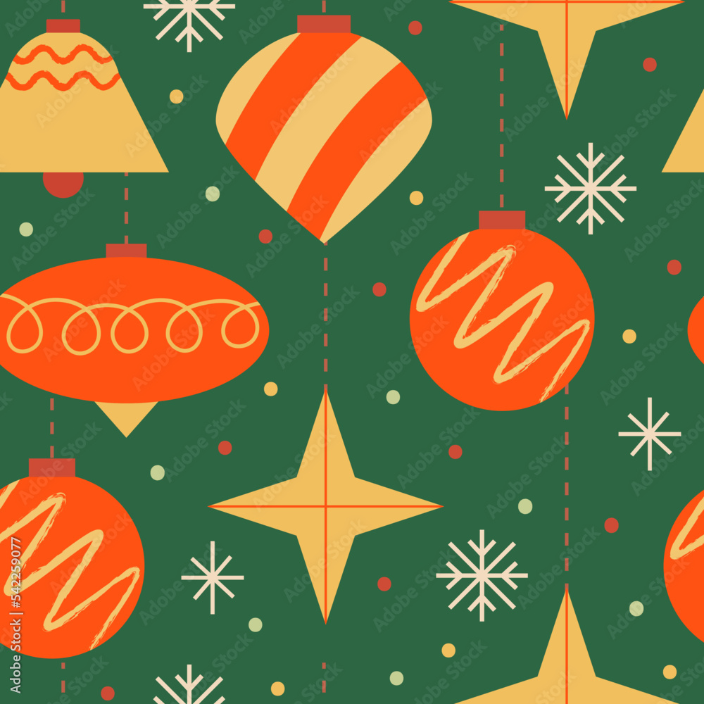 Holiday seamless pattern with christmas ornaments and snowflakes. Vector background Holiday seamless pattern with christmas ornaments and snowflakes. Vector background
