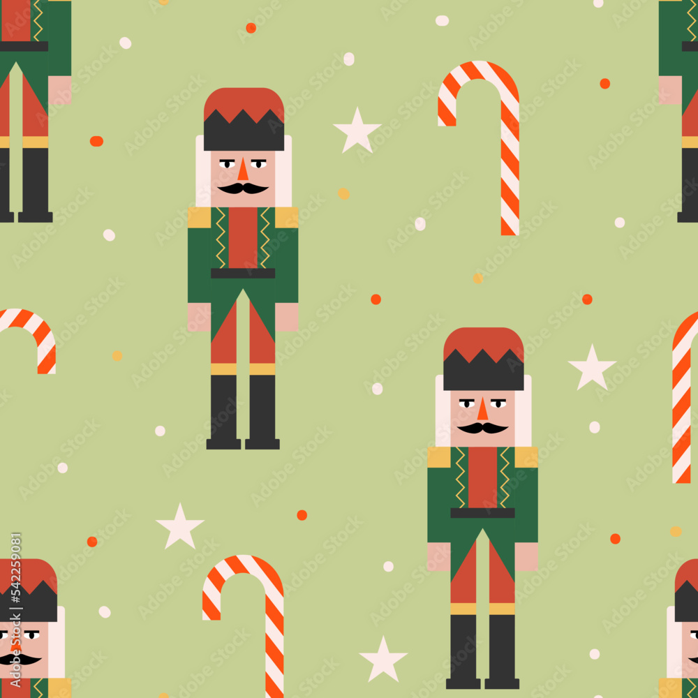 Christmas seamless pattern with nutcracker, lollipops and stars. Cute vector flat holiday background