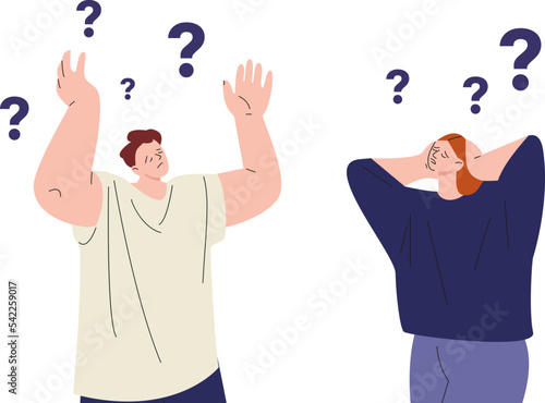 People troubles, woman man have questions. Thoughtful cartoon flat characters, students frustrated before exam. Young person problems, vector scene