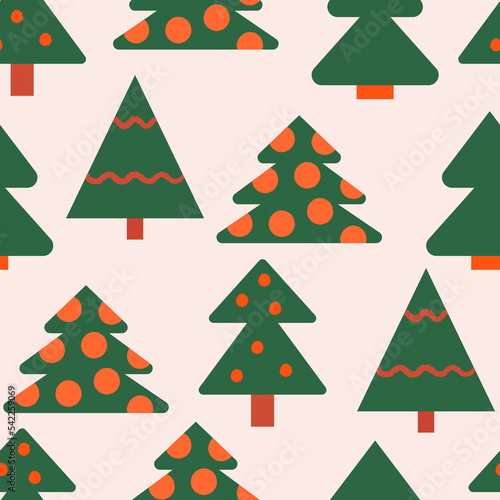 Holiday seamless pattern with christmas trees and red dots and lines. Vector background