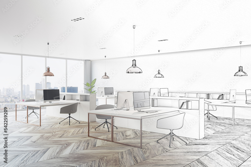 Fototapeta premium Stylish office interior half sketch. Designer interiors and blueprint concept. 3D Rendering.