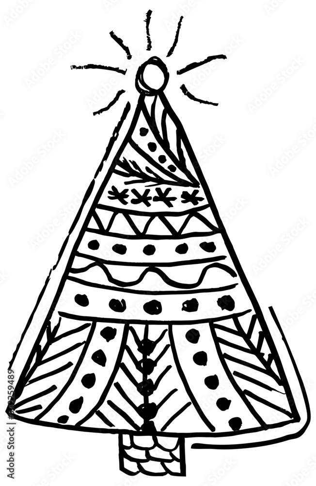 Rough hand-drawn simple outline black and white icon of Christmas tree ...