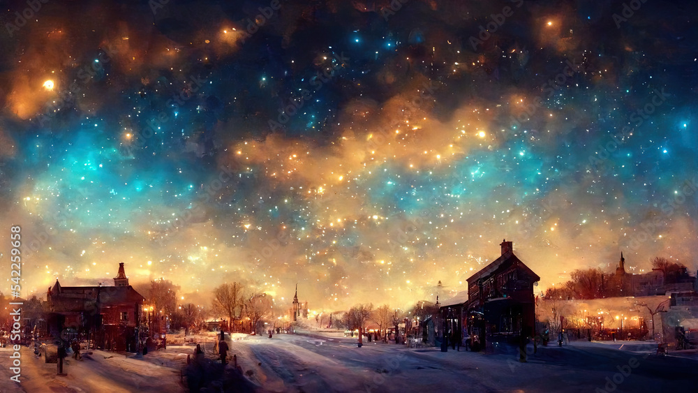 Starry sky, sunset, sunset in the town, church, winter night, illustration, card, xmas, greetings, generative AI