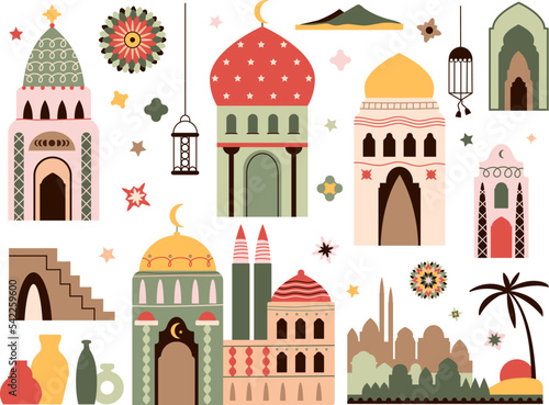 Ramadan kareem islamic elements. Isolated lamp, mosaic arabian windows and doors. Mosque silhouettes, decorative vases decent vector abstract oriental set