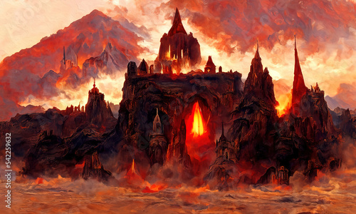 Temple of fire, on a volcanic planet, surreal abstract digital painting.  photo