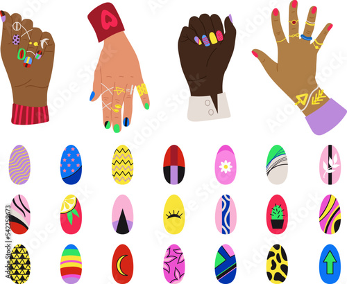 Nails design, female hands with stylish trendy manicure and jewelry. Fake nail art, influencer nail-up neon colors. Girl beauty decent vector abstract set