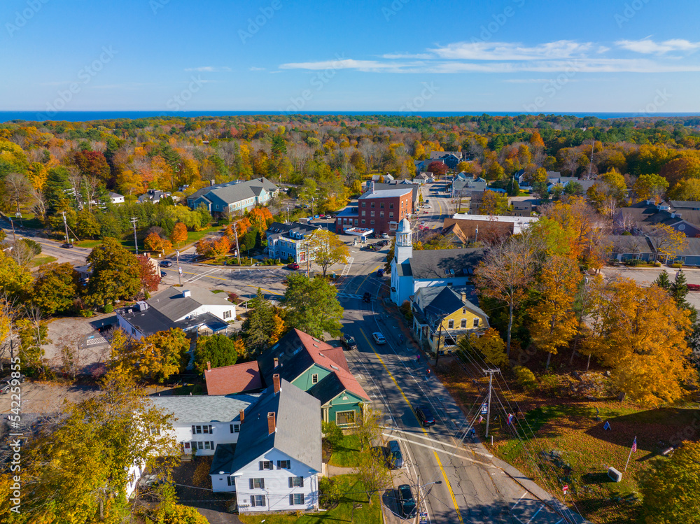 York village historic center aerial view in fall including Old Methodist Church in town of York, Maine ME, USA. 