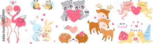 Cute animal couples in love. Valentines day loving animals with hearts. Deer and bee, romantic bunny and flamingo. Cartoon nowaday vector characters © MicroOne