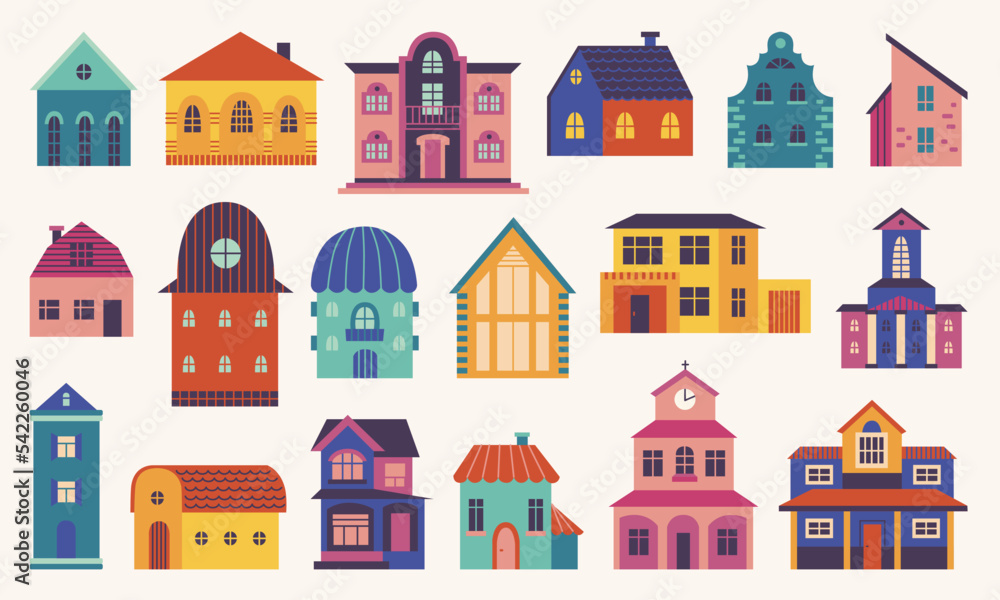 Doodle flat home. Different houses, front exterior little house. Hygge colorful tiny village buildings. Scandinavian style city street architecture, neoteric vector set