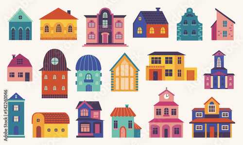Doodle flat home. Different houses, front exterior little house. Hygge colorful tiny village buildings. Scandinavian style city street architecture, neoteric vector set
