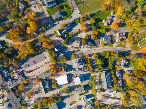 York village historic center aerial view in fall including Old Methodist Church in town of York, Maine ME, USA. 