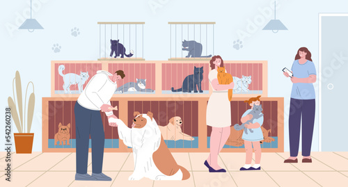 Pets adoption from animal shelter. People hold kitten and dog. Flat cartoon cats and dogs in cages. Volunteer adopted puppy, kicky care vector concept