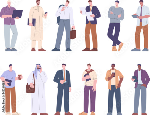 Modern male business characters with laptop and coffee. Office workers, arabian and european businessmen. Managers and kicky entrepreneurs vector set