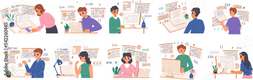 Web developers and coder build projects. Programming, seo web coding characters. Young programmers, snugly female and male computer geeks vector set